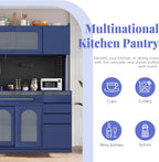 Merax Freestanding 63" W Buffet with Hutch, Large Coffee Bar Storage Cabinet with 6 Drawers, 5 Cabinets with Adjustable Shelves, Pegboard, Towel Rack, Blue