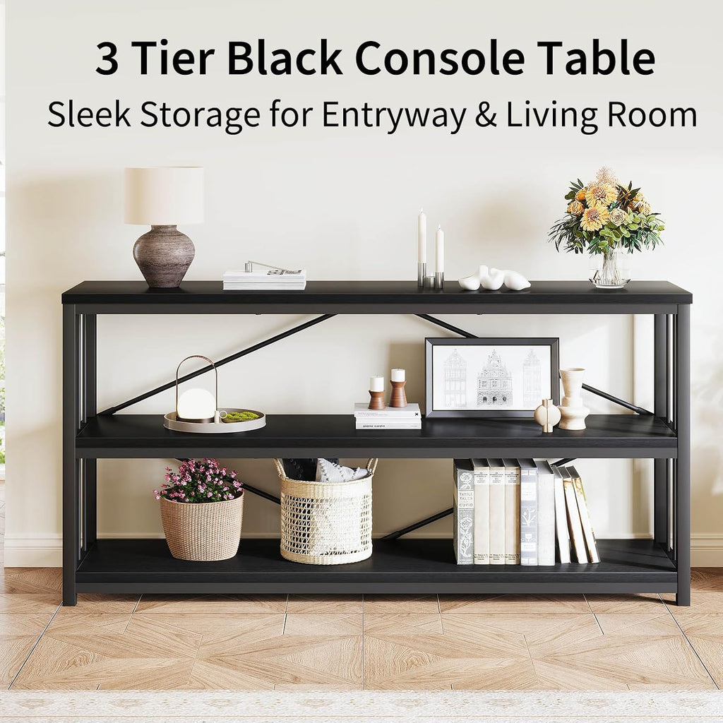 LVB Farmhouse Industrial Console Table for Home, Black Oak, 70 Inch | Wood Metal Foyer Entryway Sofa Tables with Storage, 3 Tier Long Rustic Entry Table TV Stand with Shelves for Home Living Room