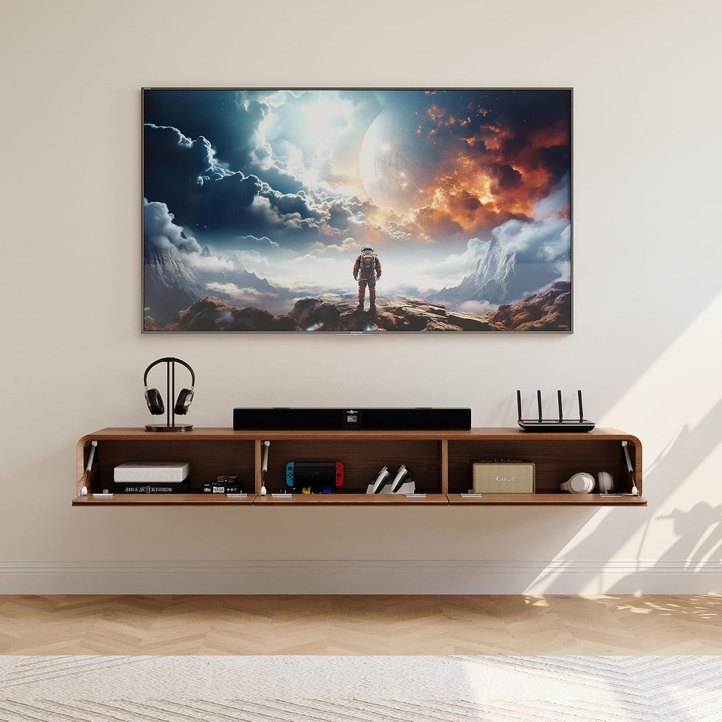 POVISON Fully Assembled Floating TV Stand with LED Lights, Modern Wall-Mounted Media Console with 3 Flip-Down Cabinet Doors, Floating Entertainment Center for 75 Inch TV