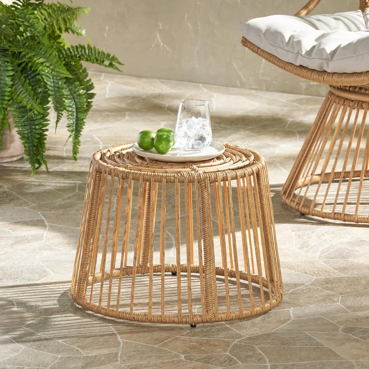 Boho Style Polyethylene Rattan Side Table, Cage Frame Structure with Tightly Wrapped Handcrafted Wicker