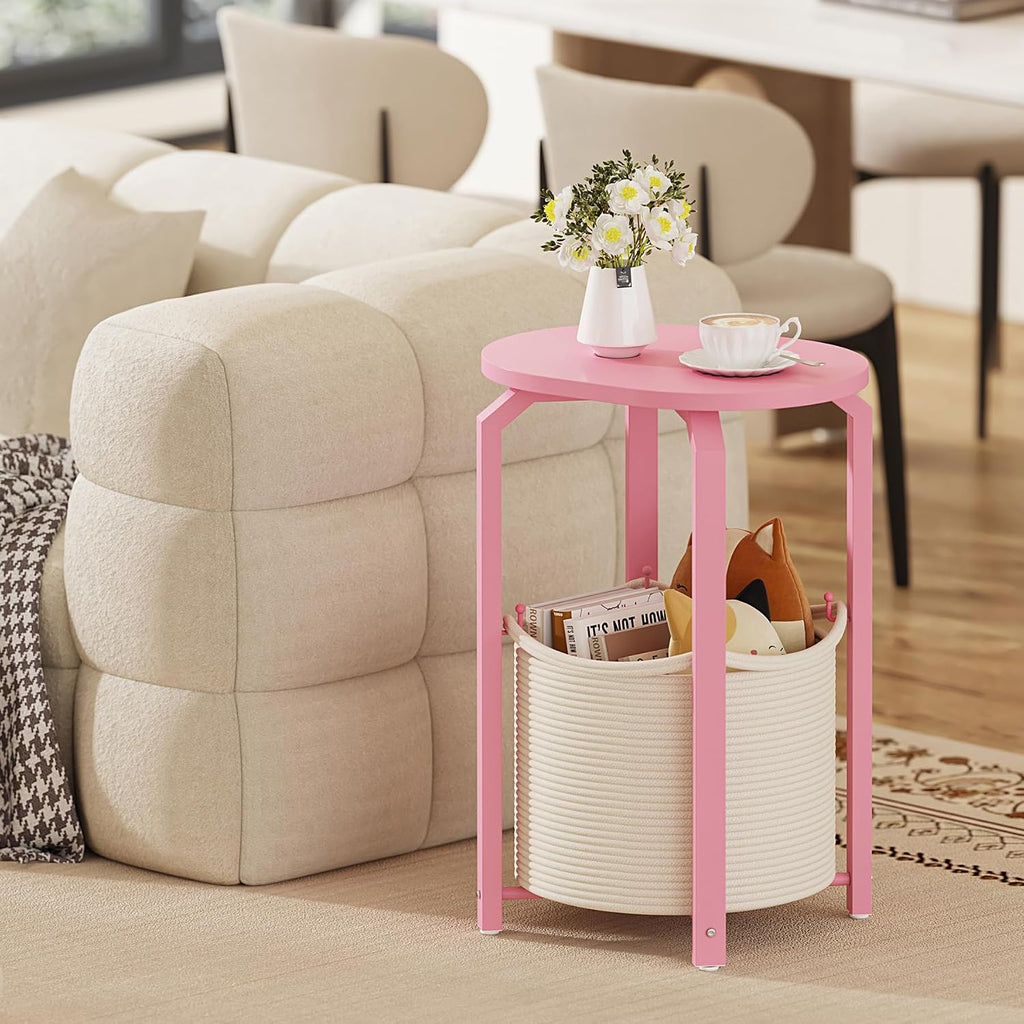 TUTOTAK Oval End Table with Woven Storage Basket, Pink Small Side Table for Living Room, Bedroom, TB01BP093