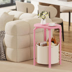 TUTOTAK Oval End Table with Woven Storage Basket, Pink Small Side Table for Living Room, Bedroom, TB01BP093