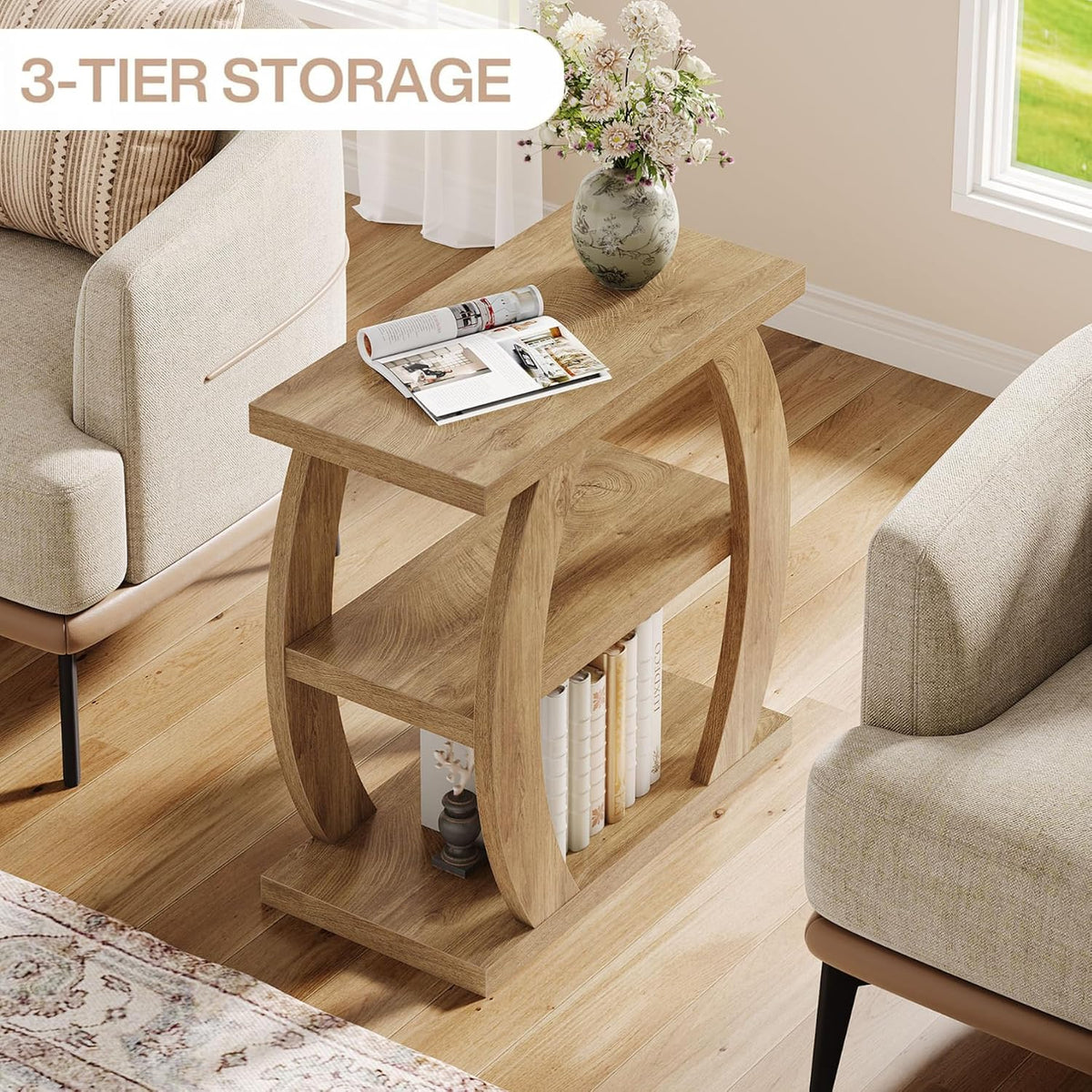 Tribesigns End Table for Living Room, 3-Tier Narrow Side Table with Storage, Farmhouse Wooden Beside Table with Geometric Frame, Tall Nightstand for Bedroom, Small Spaces, Natural Oak