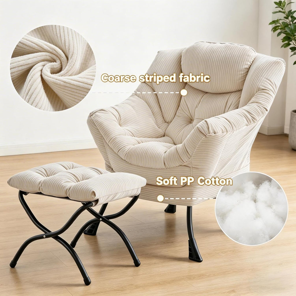 Corduroy Lazy Chair with Ottoman, Modern Large Accent Lounge Chair, Comfy Upholstered Reading Chair with Footrest, Oversized Leisure Armchair for Living Room, Bedroom, Dorm, White