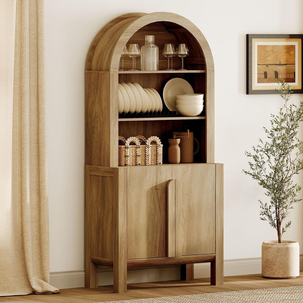 WAMPAT 71" Tall Arched Kitchen Pantry Cabinet, 5 Tiers Modern Farmhouse Bookcase with Doors and Adjustable Shelves, Wood Display Bookcase for Kitchen, Dining Room, Walnut, 1PC