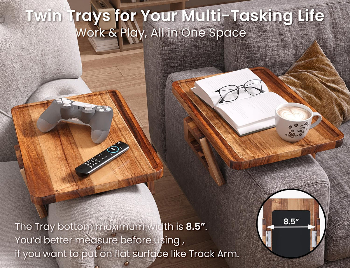 2 Pack Acacia Wood Couch Arm Tray,Couch Tray,Folding Sofa Armrest Trays,Couch Arm Table Clip-On Couch Desk for Drinks,Snacks,Phone,Remote Control
