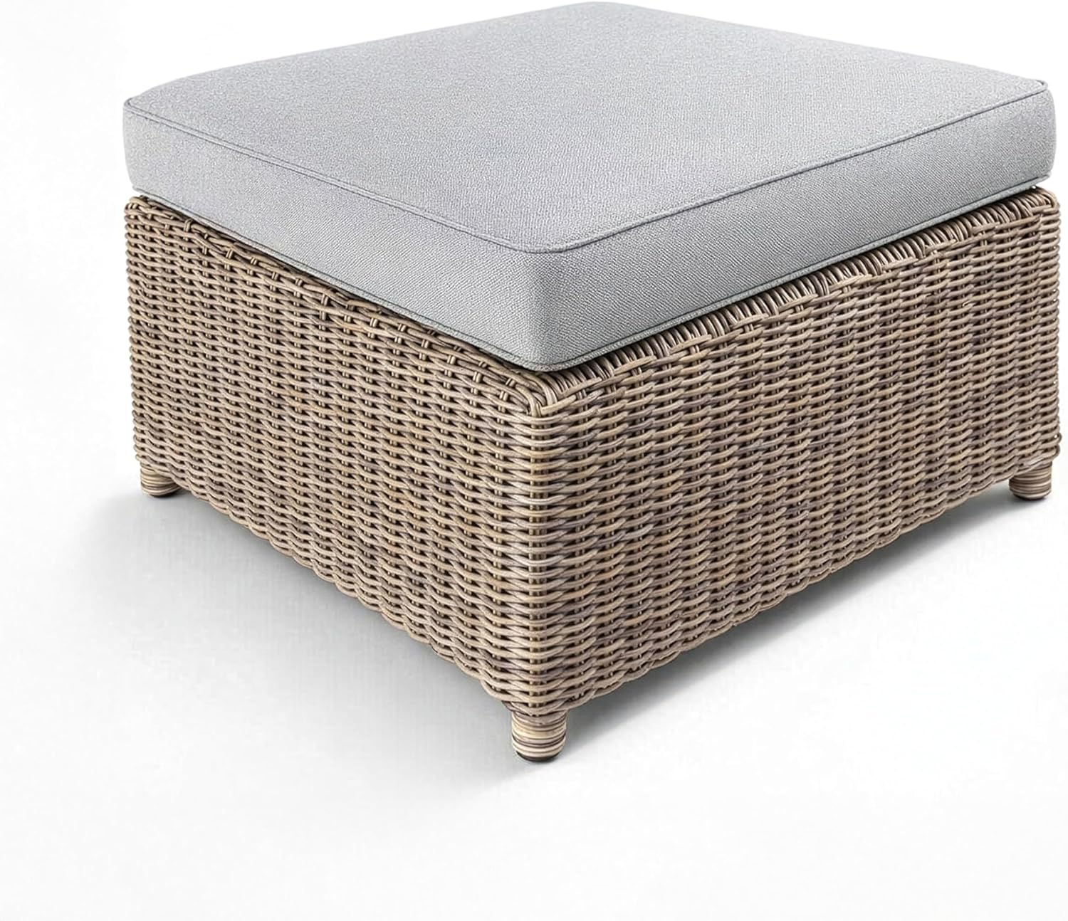 Martha Stewart Lily Pond Rattan Wicker Indoor-Outdoor Patio Ottoman in Weathered Gray with 4" Gray Olefin Cushion, Steel Frame and Zippered Removable Cushion Cover