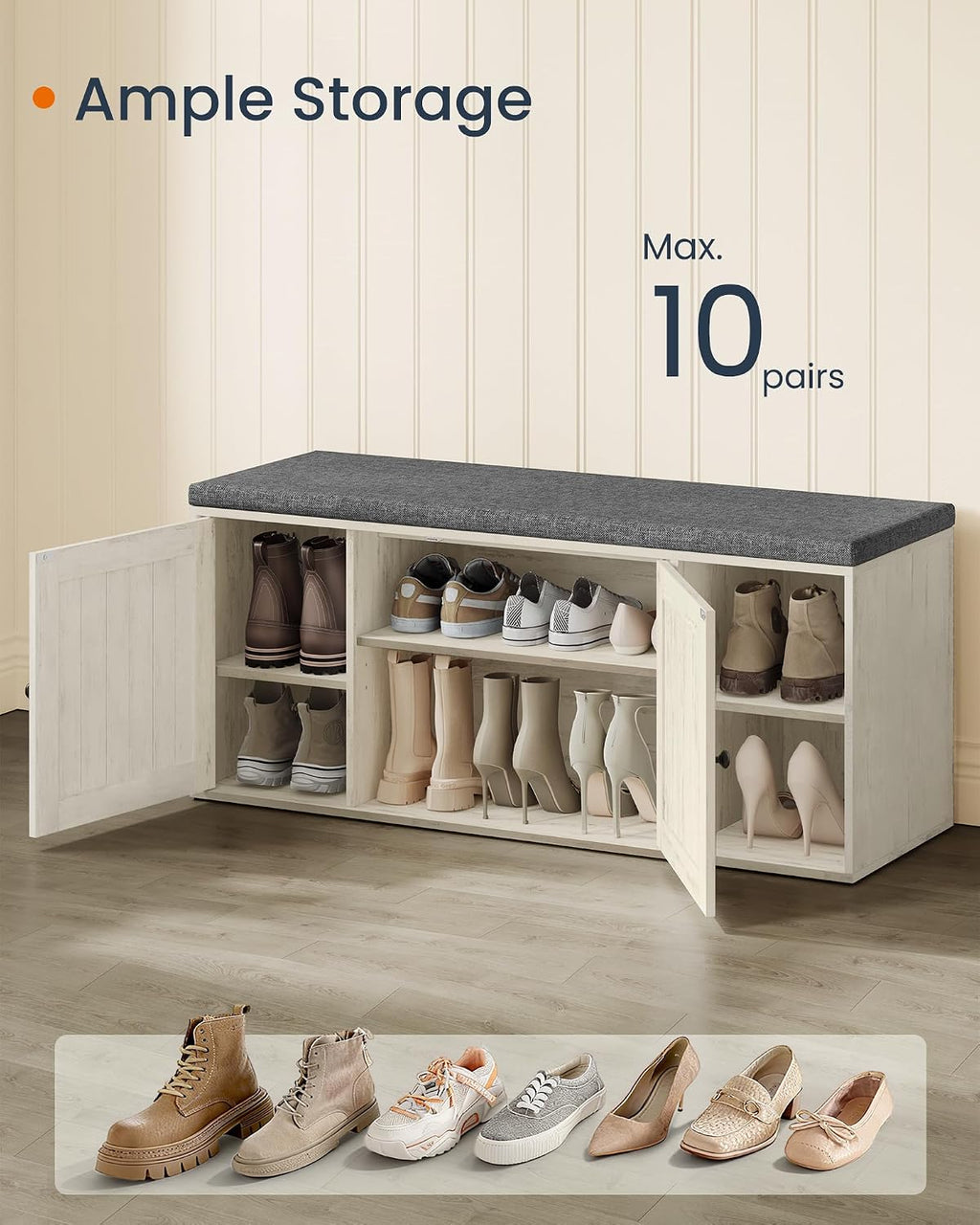SONGMICS HOME Shoe Storage Bench, Snapsemble Superfast Assembly, Shoe Rack Cabinet with Door & Adjustable Shelf for Entryway/Living Room, 14 x 40.2 x 17.3 Inches, Rustic White and Slate Gray