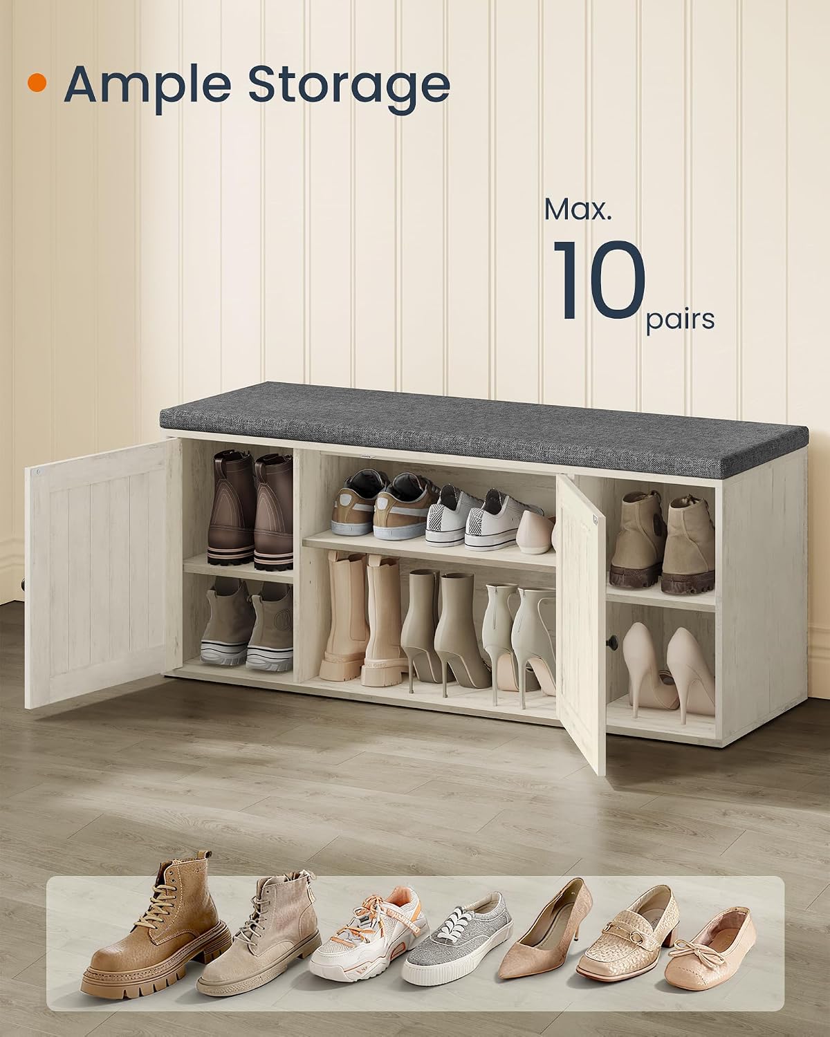 SONGMICS HOME Shoe Storage Bench, Snapsemble Superfast Assembly, Shoe Rack Cabinet with Door & Adjustable Shelf for Entryway/Living Room, 14 x 40.2 x 17.3 Inches, Rustic White and Slate Gray