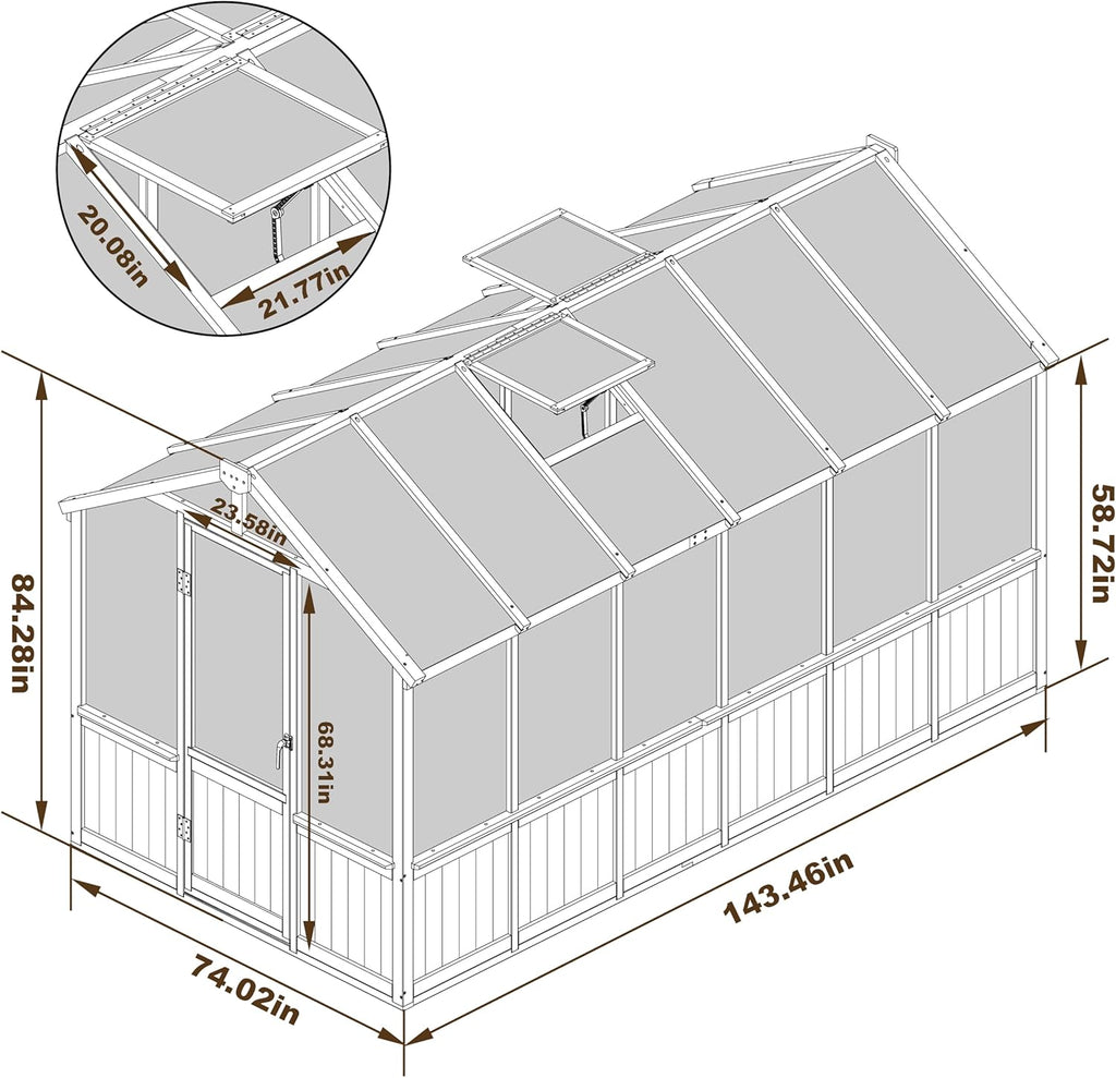 6x12 FT Greenhouse Kit for Outdoor, Thickened Polycarbonate Panel Wooden Walk-in Green House with Lockable Door and Adjustable Roof Vent, Backyard Garden, Black
