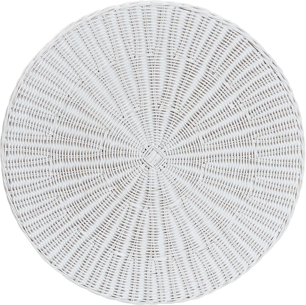 Bali & pari Palm Scallop Rattan Console Table – Handwoven Wicker Round Accent Table for Living Room, Sunroom or Foyer Place, Coastal Boho Style in White