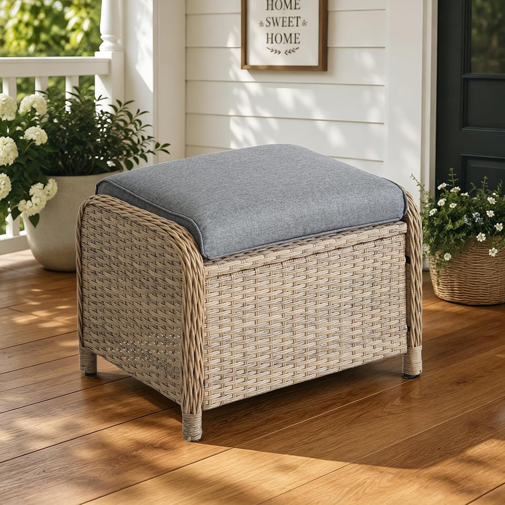Patio Ottomans Set of 2 with 3.6" Thick Cushions, Wicker Outdoor Couch Extension Set, Wicker Footstool All-Weather Rattan Seating Accessory for Backyard Furniture