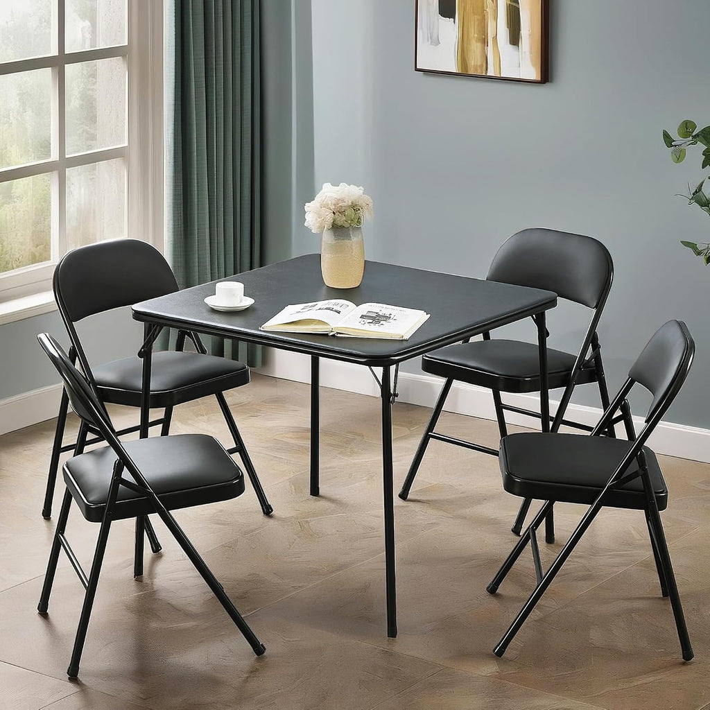 VECELO Folding Card Table and Chair Set of 5 Portable with Padded Tabletop, No Assembly Required, Black
