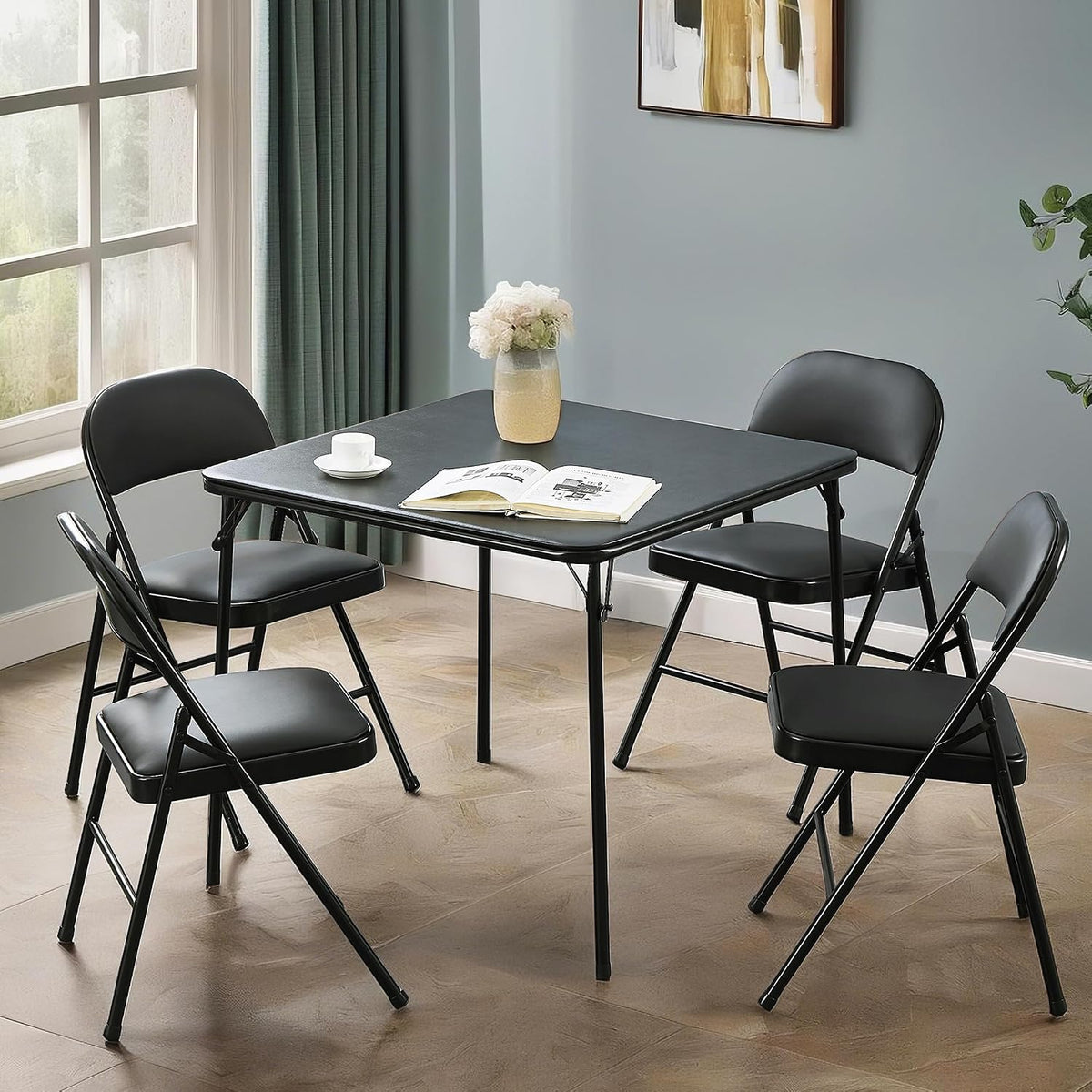 VECELO Folding Card Table and Chair Set of 5 Portable with Padded Tabletop, No Assembly Required, Black