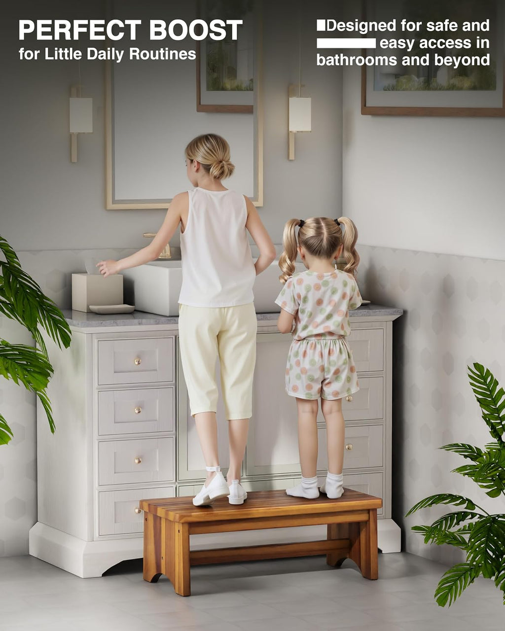 FANATU Extra Wide 26in Wooden Step Stool, Heavy Duty, Holds Up to 550 lbs | Reinforced Crossbar, Non-Slip Feet And Water-Resistant Finish Provide Stable Support For Reaching Shelves And Cabinets