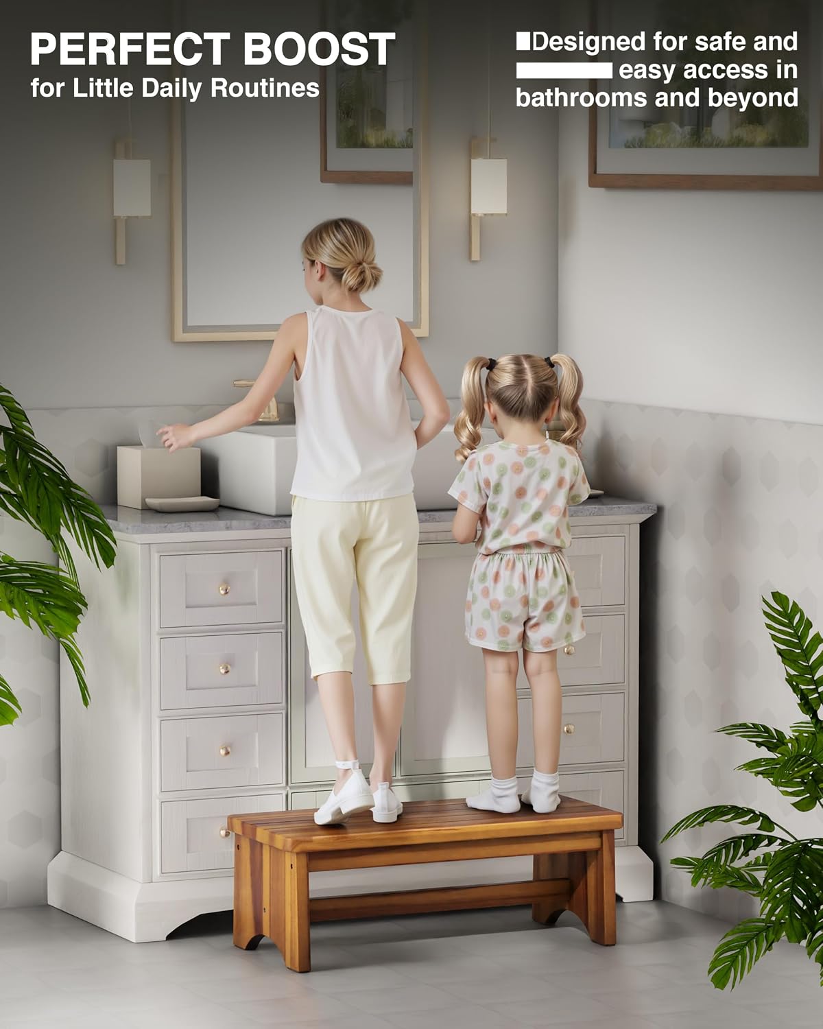 FANATU Extra Wide 26in Wooden Step Stool, Heavy Duty, Holds Up to 550 lbs | Reinforced Crossbar, Non-Slip Feet And Water-Resistant Finish Provide Stable Support For Reaching Shelves And Cabinets