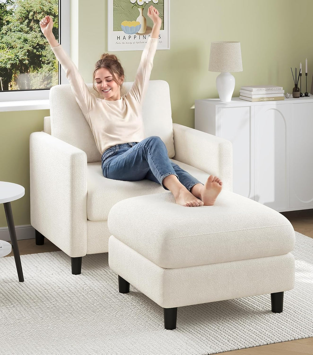 Welzona Sofa Accent Chair with Ottoman, 33" Teddy Reading Chair and Ottoman | Comfy Teddy Fabric, Tool-free Setup, Washable Covers, All-wood Chair and Ottoman Sets for Living Room, Bedroom, Beige