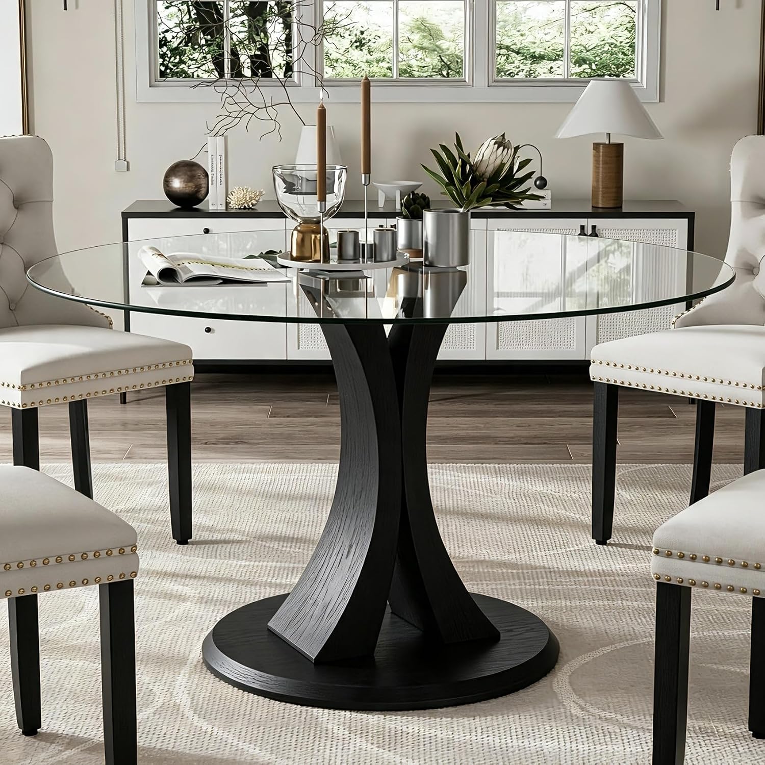 Round Dining Table, 47" Glass Dining Table for 4-6, Glass Kitchen Table with Robust Pedestal for Apartment Home Kitchen Living Room(Black)