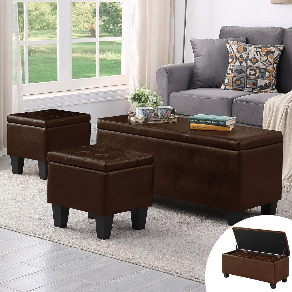 PU Leather Storage Ottomans Set of 3, Tufted Upholstered, Brown | 38 inch Seating Bench, Safety Hinges, No Tools Assembly, Large Store Capacity, Study Wood Frame, Extra Foot Stools