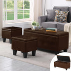 PU Leather Storage Ottomans Set of 3, Tufted Upholstered, Brown | 38 inch Seating Bench, Safety Hinges, No Tools Assembly, Large Store Capacity, Study Wood Frame, Extra Foot Stools