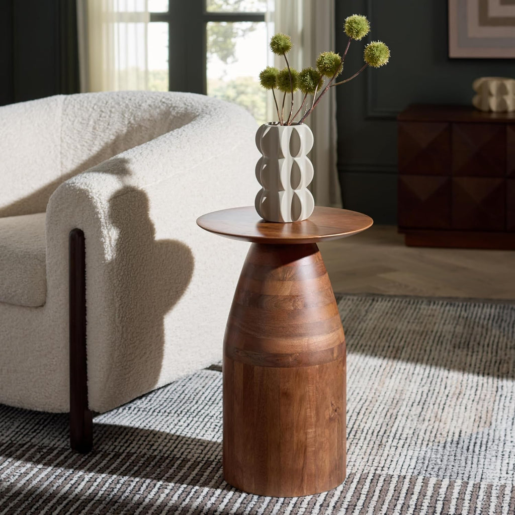 SAFAVIEH Home Collection - Karu Solid Wood Pedestal Accent Table in Walnut Brown Finish, Round Top Design, Fully Assembled (ACC3224A)