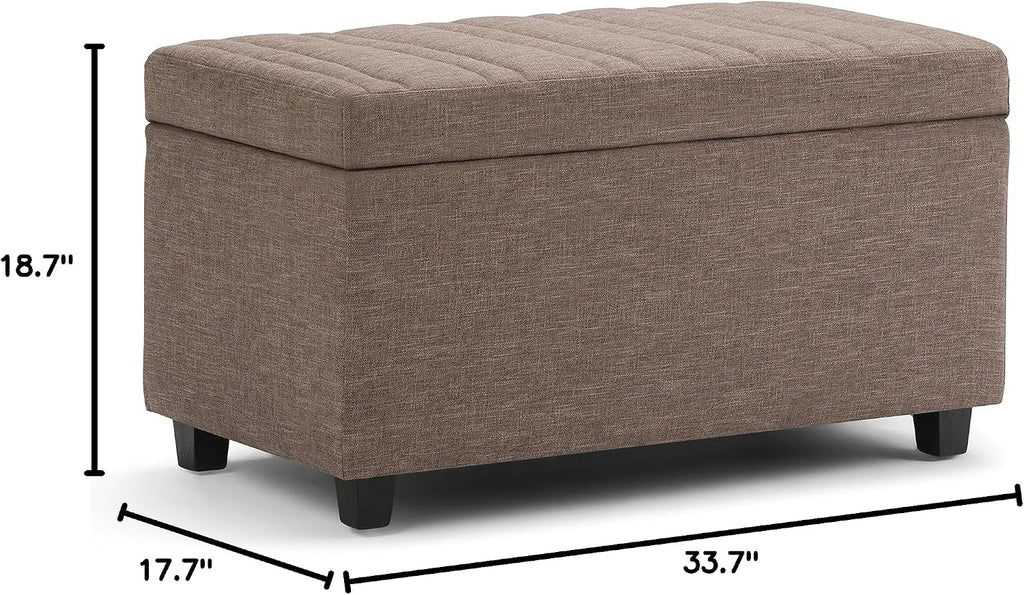 SIMPLIHOME Darcy 33 inch Wide Contemporary Rectangle Storage Ottoman Bench in Fawn Brown Linen Look Fabric, Assembled, For the Living Room, Entryway and Family Room