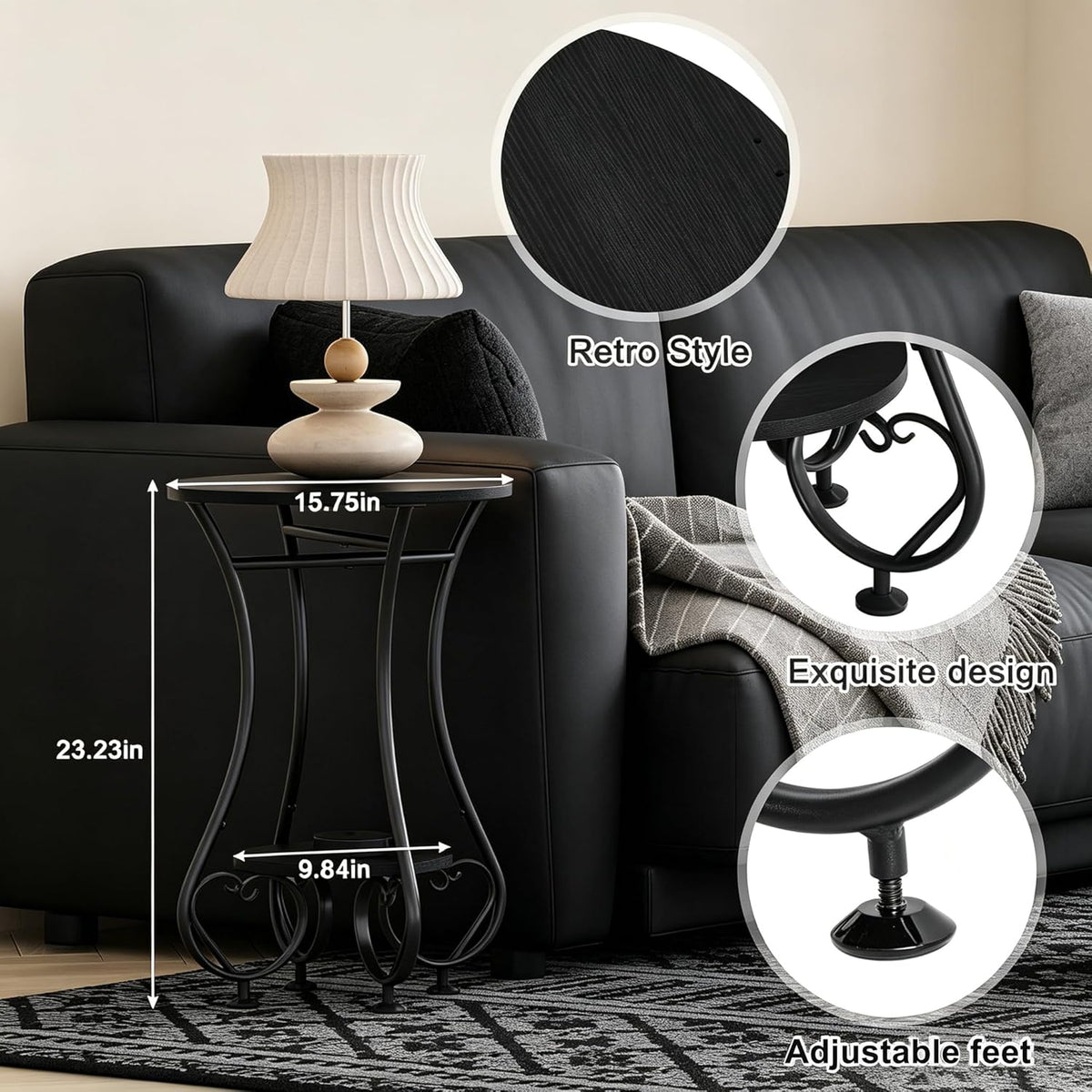 X-cosrack Small Round Side Table,Round End Table for Small Spaces - Black Metal Nightstand with Adjustable Feet,Couch Sofa Coffee Table,Retro Accent Table for Living Room Bedroom Balcony