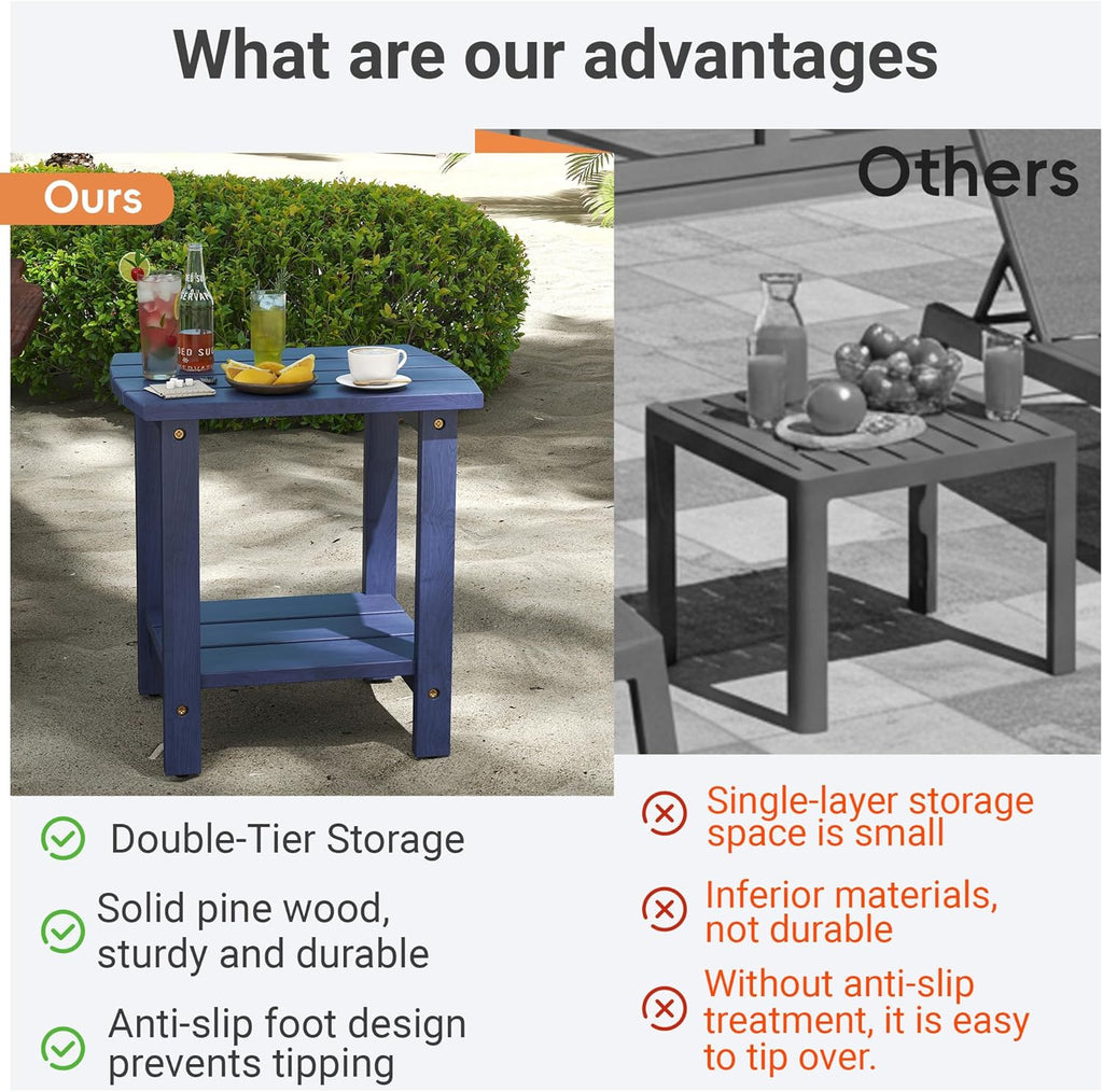 2-Tier Adirondack Side Table 17" with Double Shelf, Easy Assembly Solid Wood End Table,Outdoor & Indoor Small Table for Living Room,Patio, Poolside, Porch - Weather Resistant Navy Blue