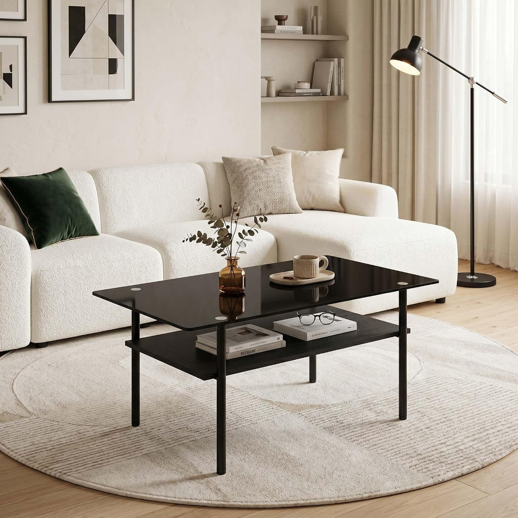 3 Piece Glass Coffee Table Set with 2-Tier Storage, Tempered Glass Living Room Table with Black Metal Legs and MDF Shelf, Modern End Tables for Small Space Apartment (1, Black)