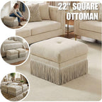Hyfirm Brown Upholstered Ottoman Footstool with Fringe Skirt, 21.5" Square | Modern Tufted Soft Padded Footrest Cushion, Decorative Boho Tassel Vanity Accent Stool for Living Room Bedroom Entry