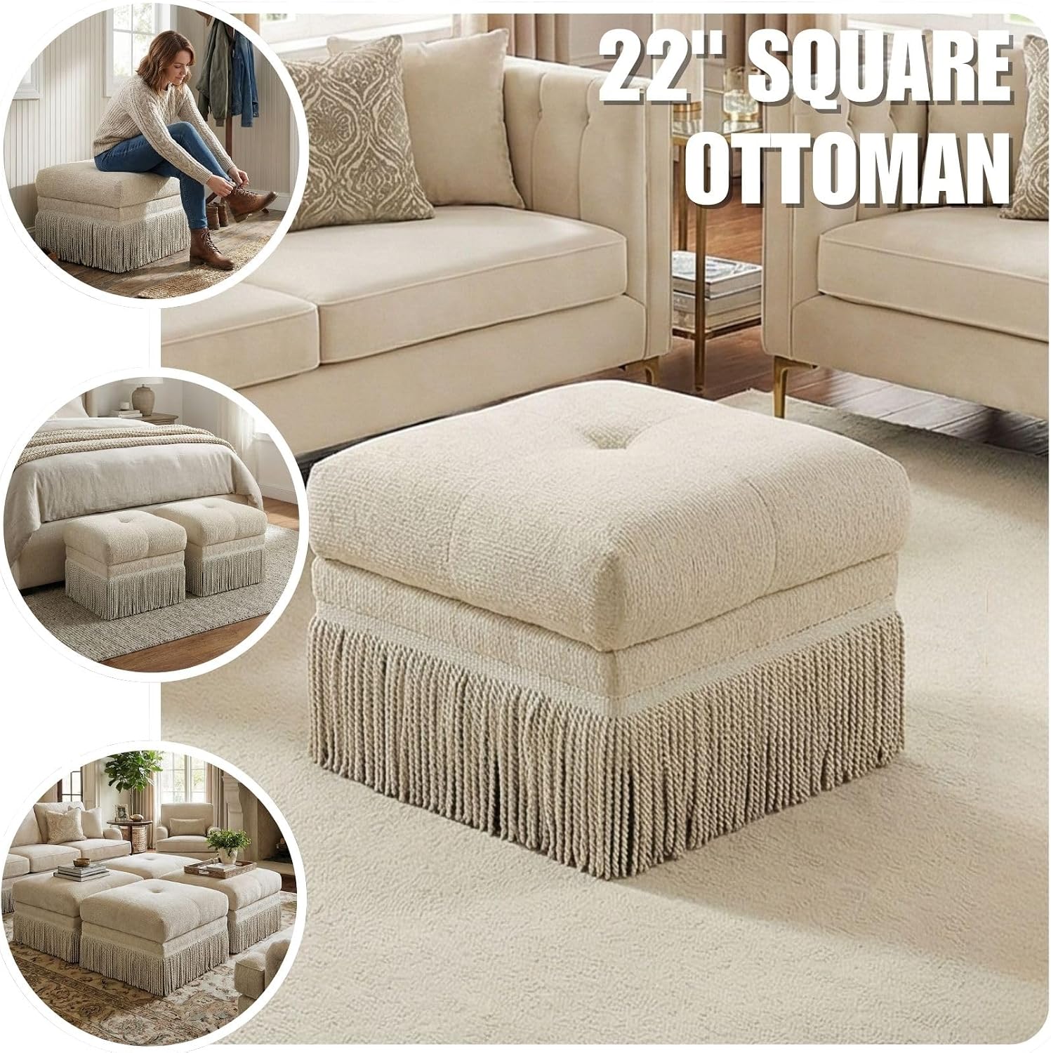 Hyfirm Brown Upholstered Ottoman Footstool with Fringe Skirt, 21.5" Square | Modern Tufted Soft Padded Footrest Cushion, Decorative Boho Tassel Vanity Accent Stool for Living Room Bedroom Entry