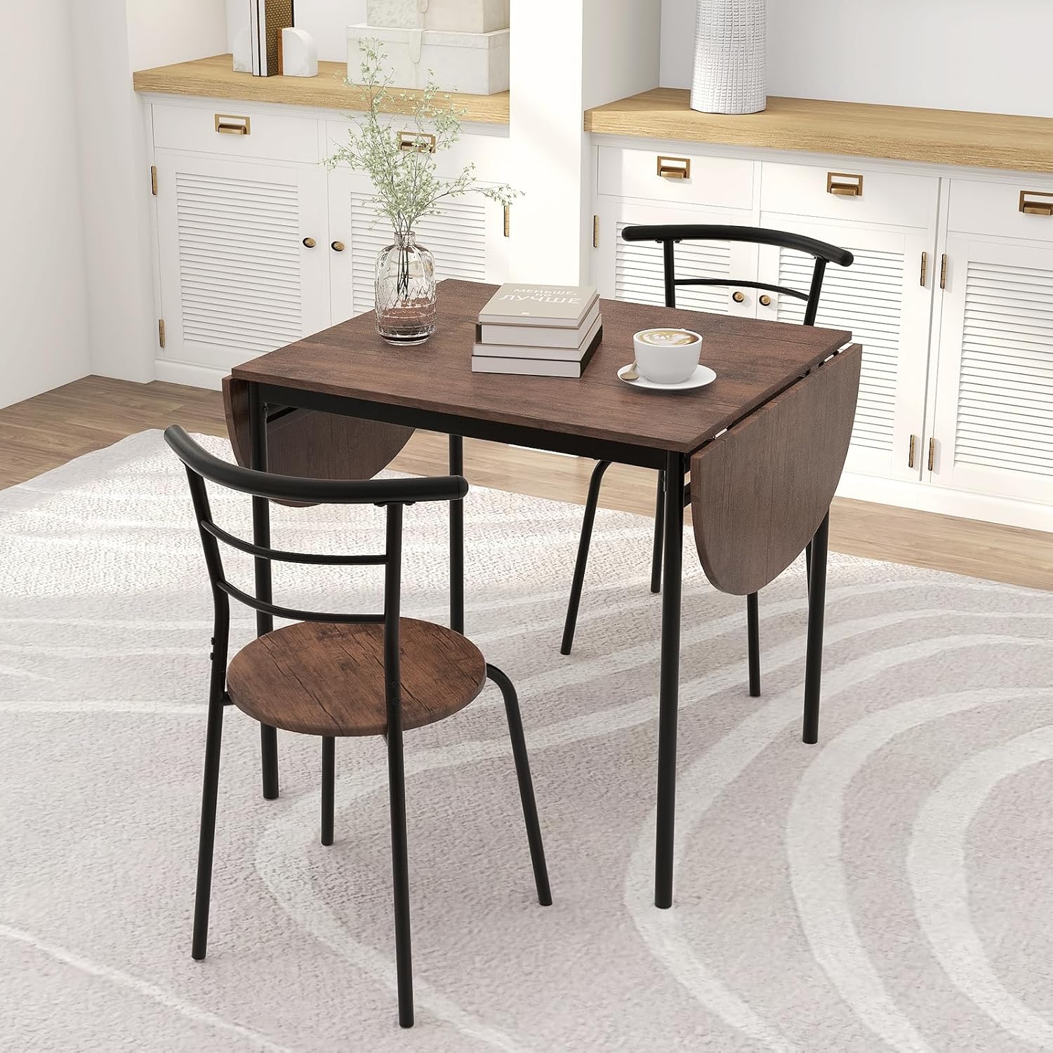 Giantex 3-Piece Dining Table Set for 2, 55-inches Drop Leaf Kitchen Table with Dining Chairs, Metal Frame, Space-Saving Breakfast Nook Set for Small Space, Dinner, Dinette, Apartment, Dorm Room