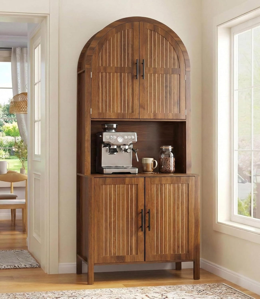 76" Tall Arched Kitchen Pantry,Large Storage Cupboard with Fluted Doors,Microwave Shelf,Modern Wooden Buffet Sideboard,Adjustable Shelves,Cabinet for Dining,Living Room,Walnut