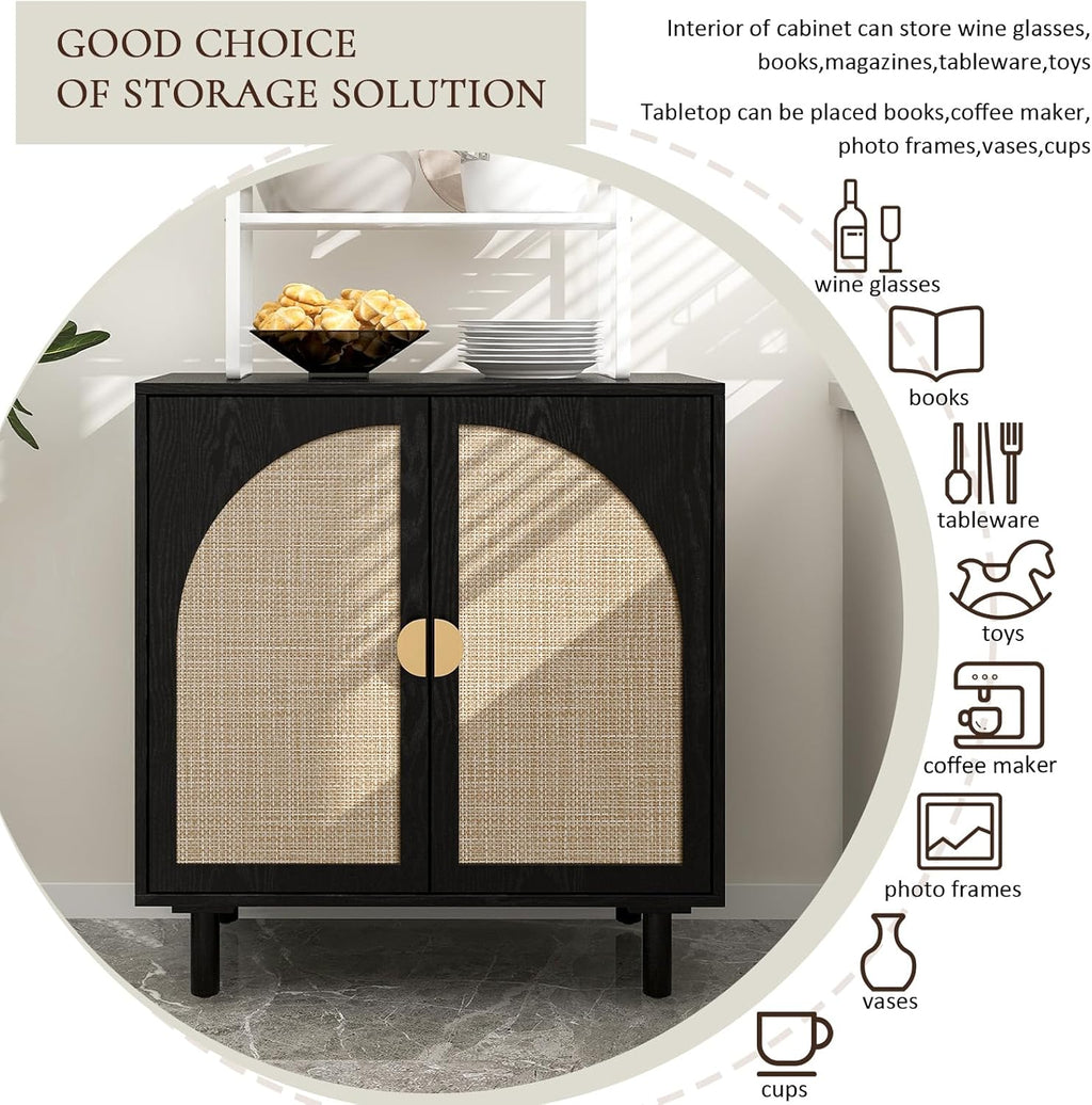 2 Doors Rattan Sideboard Cabinet– 31.5”L for Entryway/Living Room/Dining Console Table Storage, Moisture-Proof, Sturdy Golden Semi-Circular Metal Handles