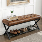 LUE BONA 44.5” End of Bed Bench with Shelf, Linen Tufted Upholstered Storage Shoe Bench, Modern Bedroom Bench with Metal Legs for Living Room, Entryway, Dining Room, 300 LB, Yellowish Brown
