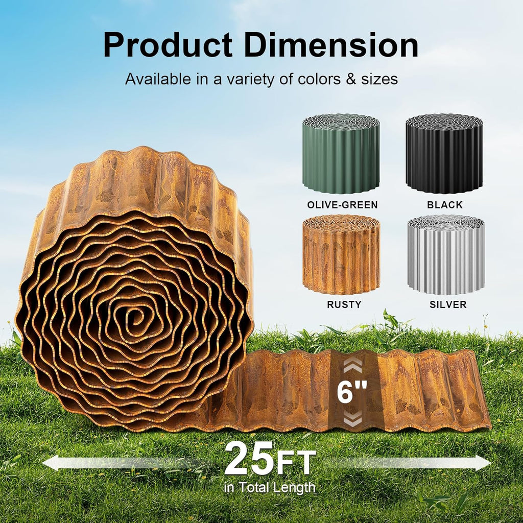 Land Guard Corrugated Garden Edging Border, 6"×25' Landscape Paver Edging, Tall Landscape Edging, Fence for Garden, Flower Bed, Lawn and Landscape Edging (Rusty)