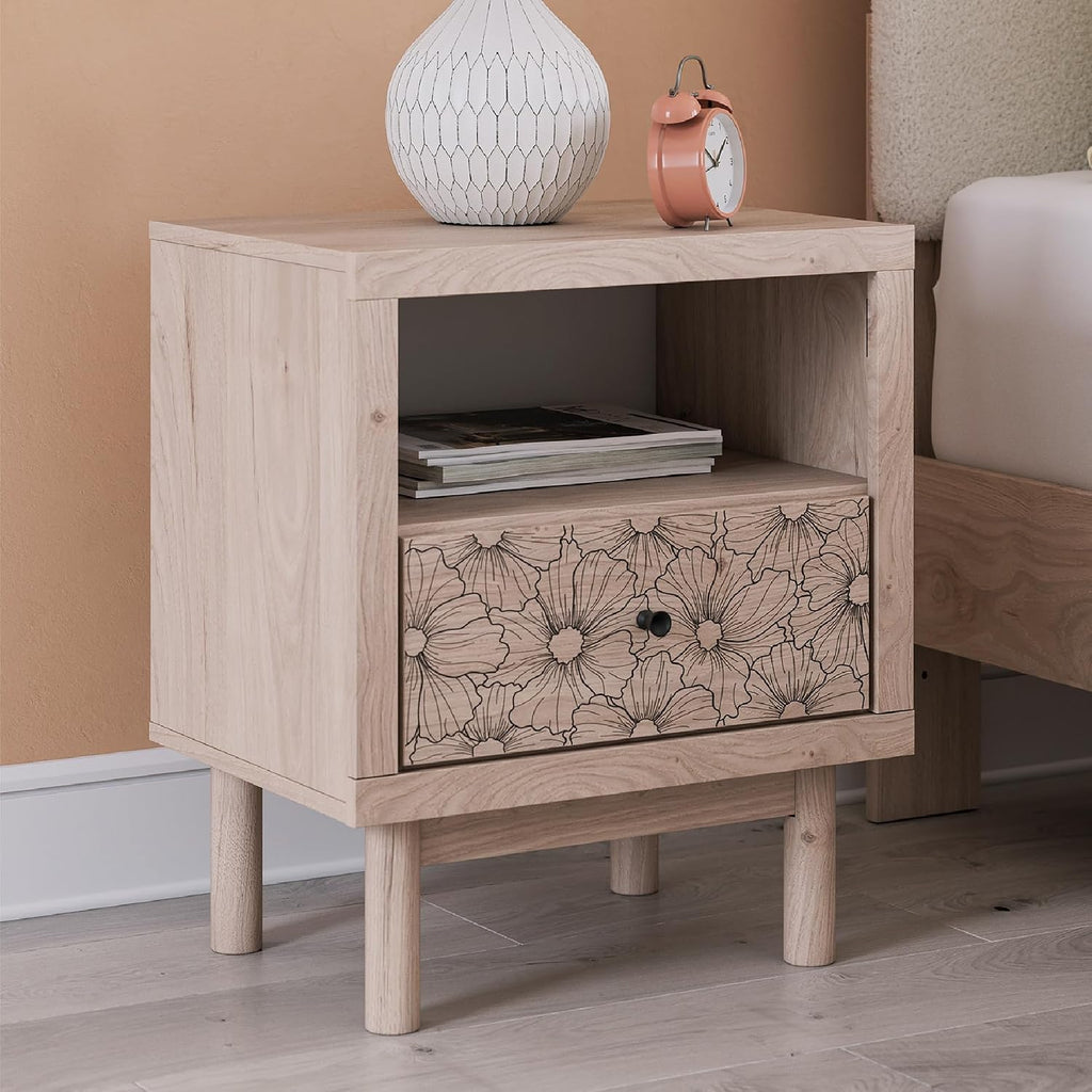 Signature Design by Ashley Birkmore Nightstand Bedside Charging Station with USB Port, Engineered Wood and Decorative Laminate, Youth Bedroom Bedside Table, Tan