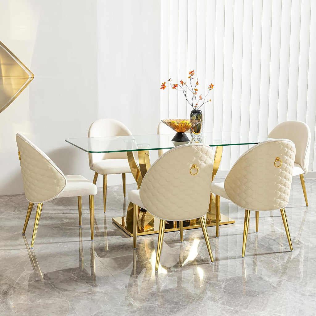 68.9" Rectangle Glass Dining Table for 6 People, Modern Luxury Kitchen Table with Tempered Glass Top, Gold Stainless Steel Curved Base with Crystal Decoration