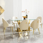 68.9" Rectangle Glass Dining Table for 6 People, Modern Luxury Kitchen Table with Tempered Glass Top, Gold Stainless Steel Curved Base with Crystal Decoration