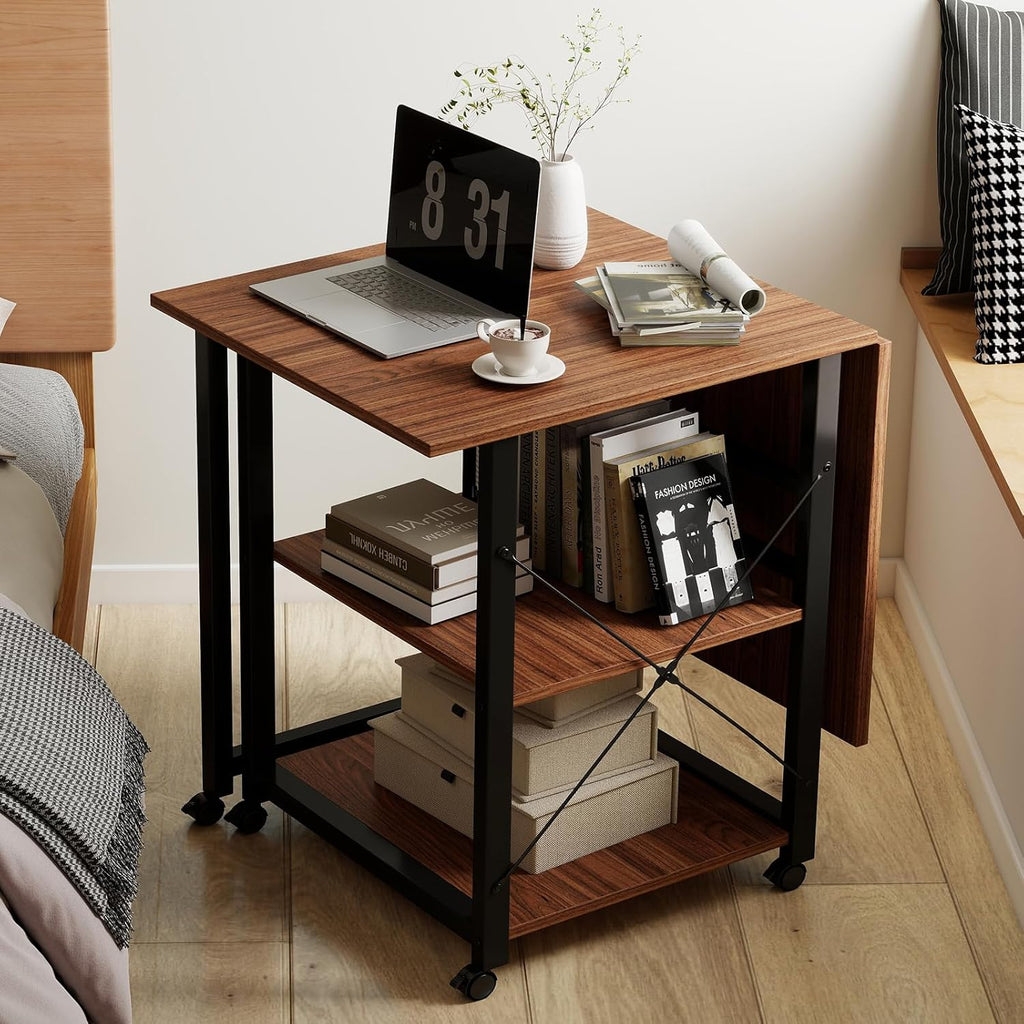 Funecy Folding Desk with Storage Shelf, Writing Office Computer Desk, 42.5 Inch Multi-Purpose Folding Dining Table, Mobile Table with Wheels (Brown)