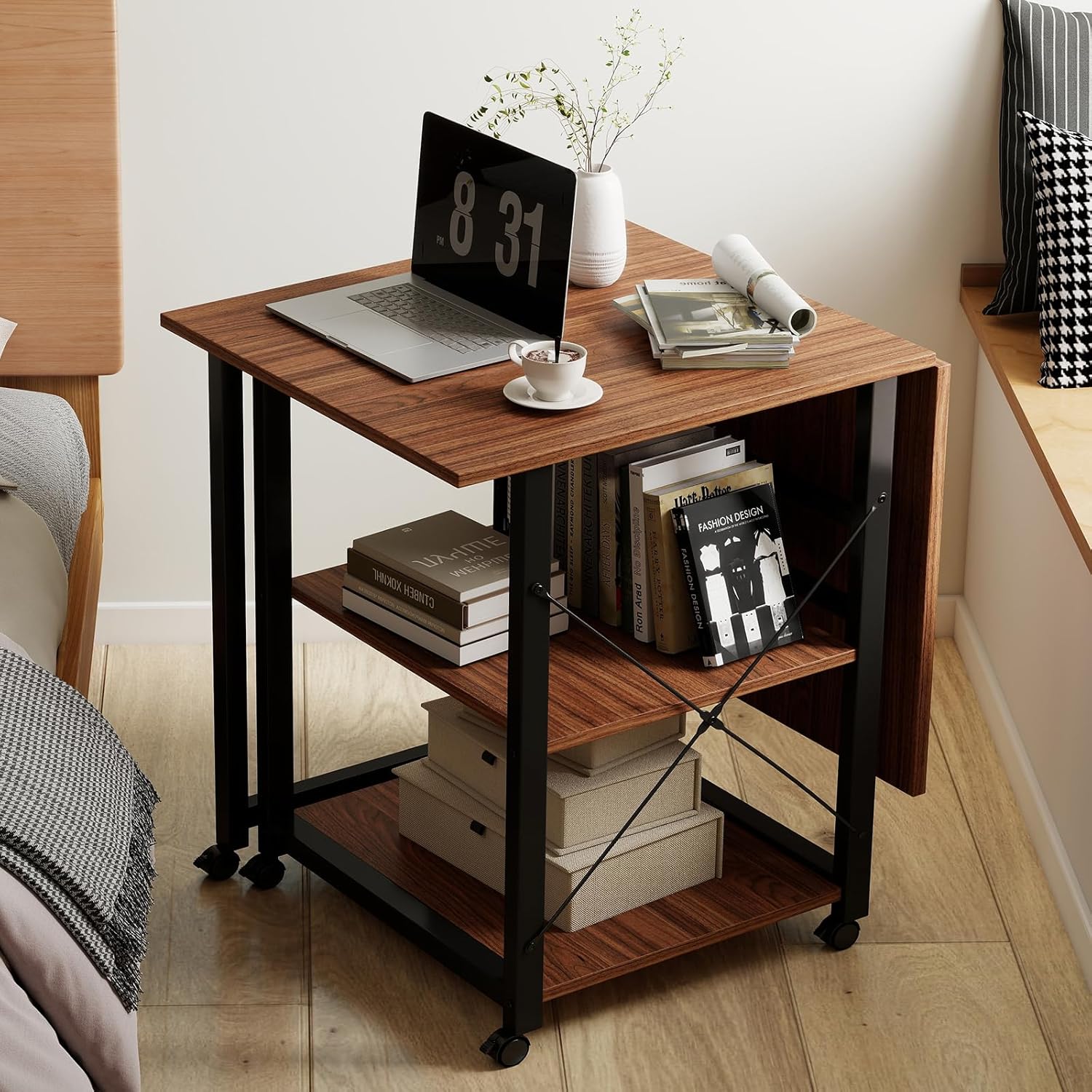 Funecy Folding Desk with Storage Shelf, Writing Office Computer Desk, 42.5 Inch Multi-Purpose Folding Dining Table, Mobile Table with Wheels (Brown)