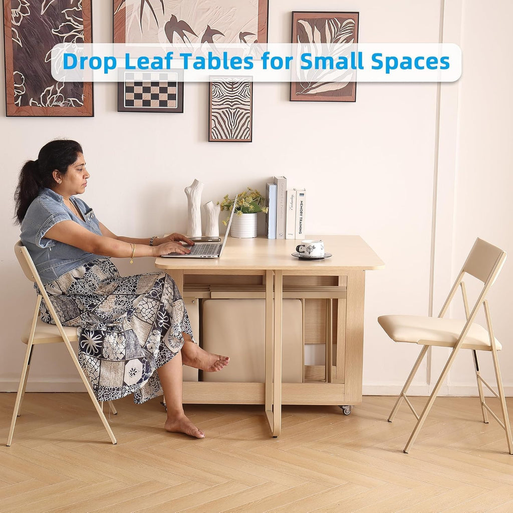 Folding Dining Chairs and Table Set, Space-Saving Dining Table and 2 Padded Steel Frame Folding Chairs(Wood), Drop Leaf Dining Table with Extra Large Storage Space and 2 Drawers