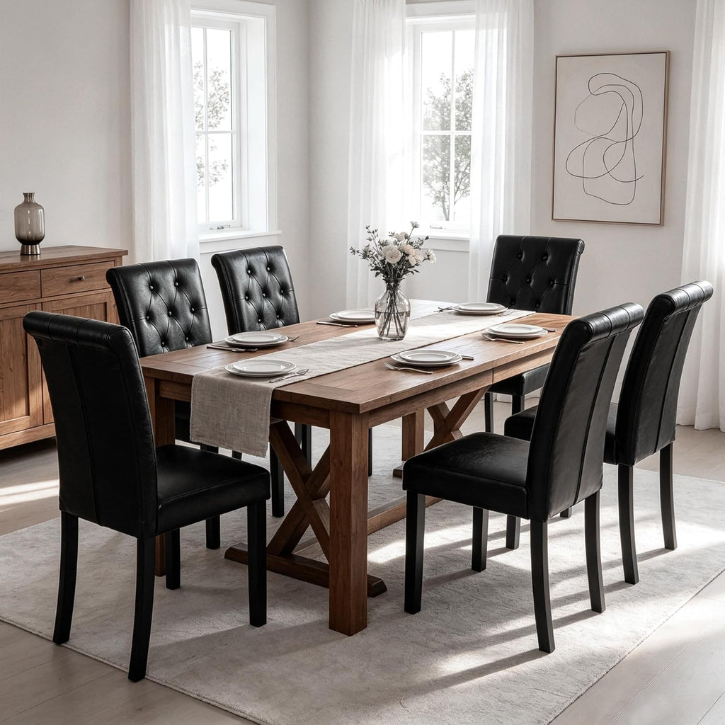 LSSBOUGHT Modern Tufted Dining Chairs Set of 6, Button Padded Leather Kitchen Chairs with Solid Wood Legs (Black, Set of 6)