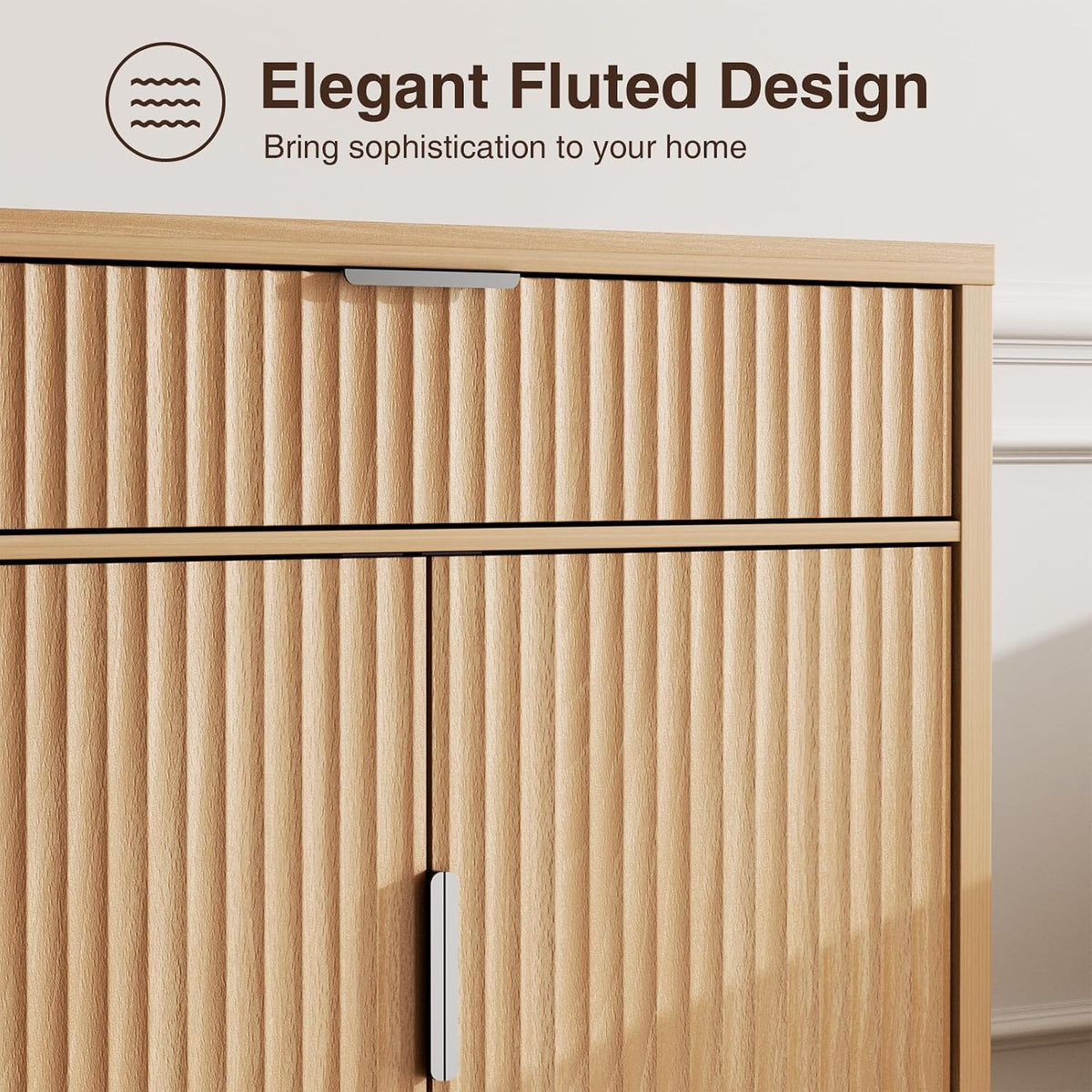 Vabches Fluted Sideboard Buffet Cabinet with Storage, 32" Coffee Bar Console Table with Drawer, Fluted Doors & Adjustable Shelf, Wood Small Buffet Cabinet for Living Room, Kitchen Dining Room, Oak