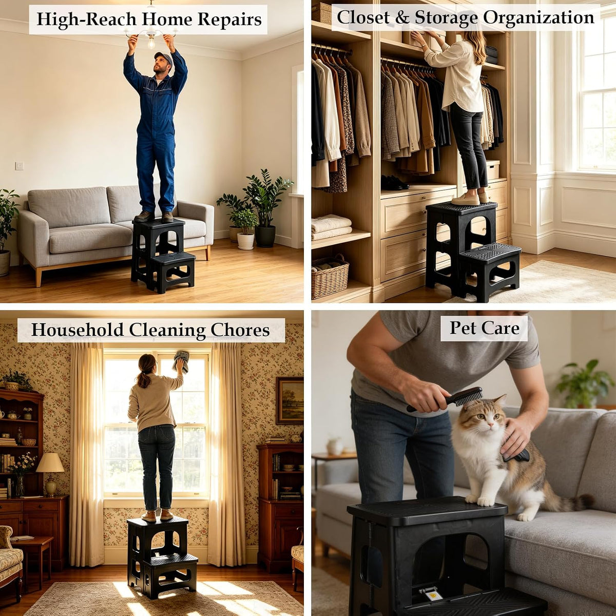 2-Step Folding Stool Ladder,Non-Slip Portable Collapsible Step Stool for Kitchen Bathroom Home RV Closet Office, 16.5" Heights, Holds 300 lbs,Foldable Lightweight Design only 4.6Ibs (Black)