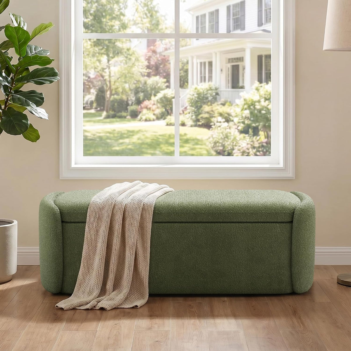 VKNOW Storage Bench, Upholstered Storage Ottoman Bench with Hinge, Green | Ottoman Bench with Large Capacity, Curved Frame, King Size Bench, Storage Bench for Bedroom, Living Room, Entryway, Window