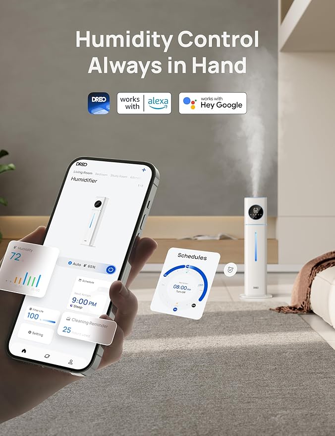 Dreo 11L Smart Humidifier Large Room 700 ft², 100H Cool Mist Air Humidifiers for Bedroom, Top-Fill Self-Cleaning Tank, 26dB, Auto Mode, Aroma Box, RGB Light, Remote & APP Control, Baby, Plant, Blue