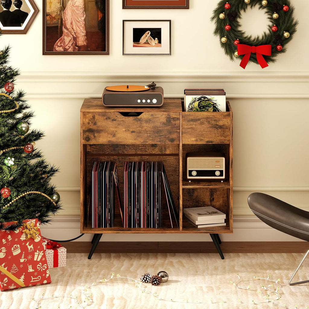 Giantex Large Record Player Stand with Charging Station, Mid Century Turntable Stand Holds Up to 300 Albums, Record Player Table w/Drawer & Display Shelf, Vinyl Record Storage for Living Room, Brown