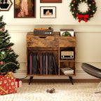 Giantex Large Record Player Stand with Charging Station, Mid Century Turntable Stand Holds Up to 300 Albums, Record Player Table w/Drawer & Display Shelf, Vinyl Record Storage for Living Room, Brown
