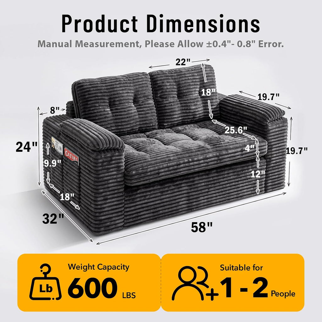 Loveseat Sofa for Living Room, Small Cloud Couch with Double-Density Foam Support, Removable Washable Corduroy Cover & 4 Pillows, Comfy Floor Sofa, Compact Couch for Small Spaces, Dark Grey